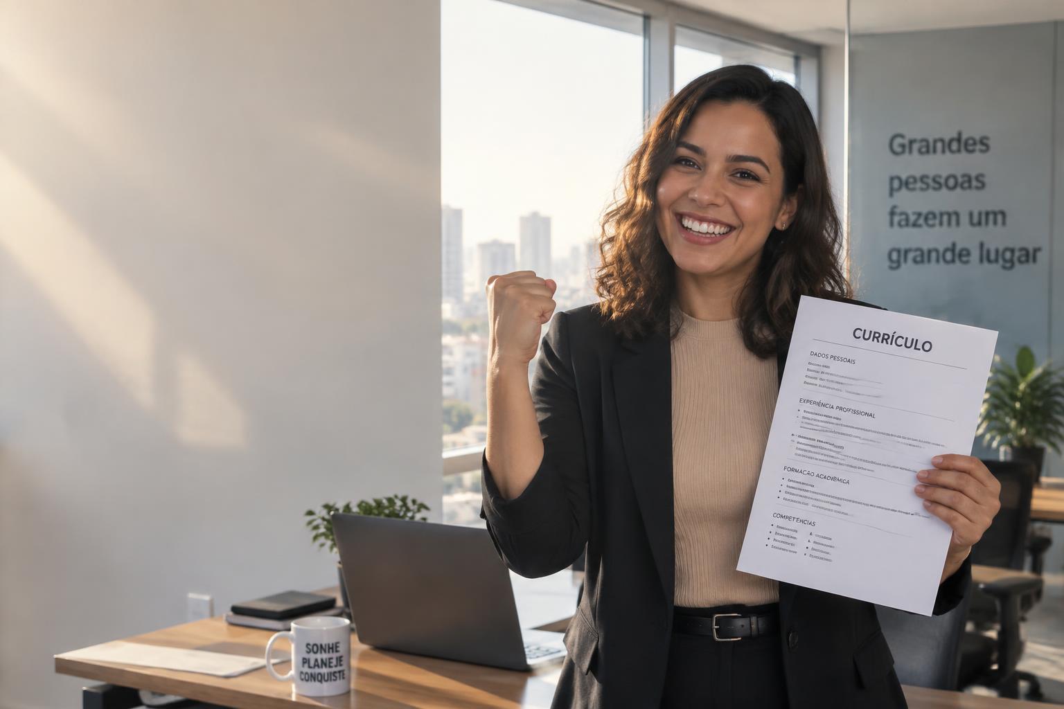 Pessoa feliz depois de ser contratada, segurando o currículo